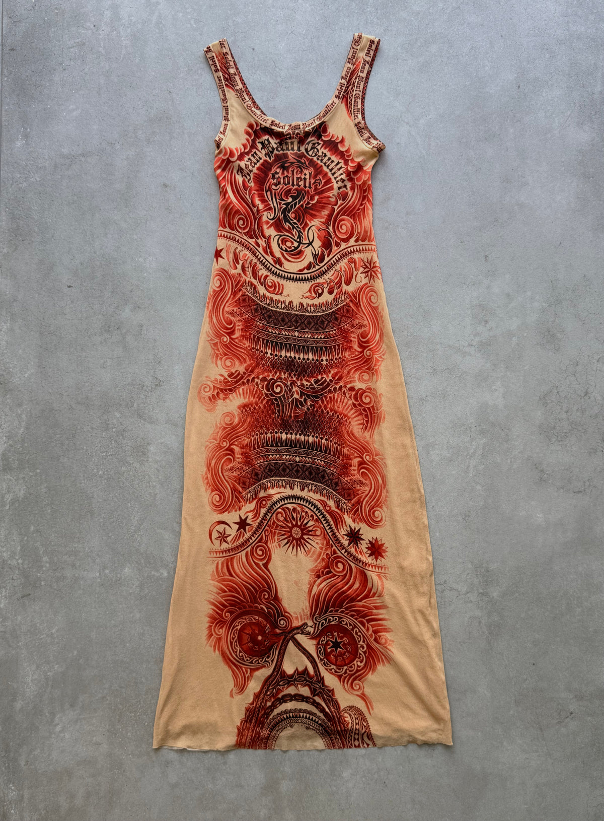 Jean Paul Gaultier 1995 Tattoo Print mesh maxi dress