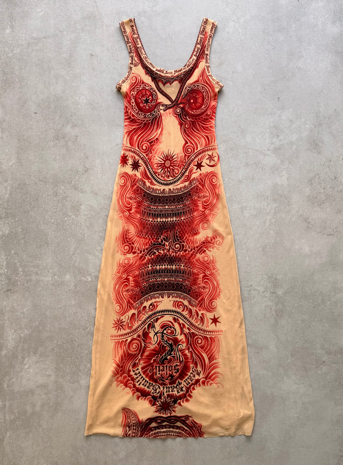 Jean Paul Gaultier 1995 Tattoo Print mesh maxi dress